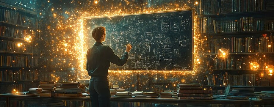 Innovative thinker exploring knowledge on board ,Magical classroom with glowing chalkboard, enchanting magical classroom in old library, fantasy magical classroom with floating lights