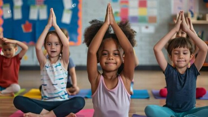 Group of children doing yoga in a classroom, highlighting education and fun