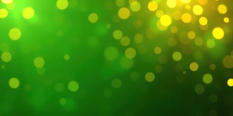 Obraz premium Shimmering Green Background with Glowing Golden Bokeh and Sparkles, ethereal glow, dreamy atmosphere