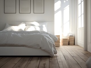 A serene bedroom with a white bed, natural light, and wooden flooring creates a calming atmosphere.