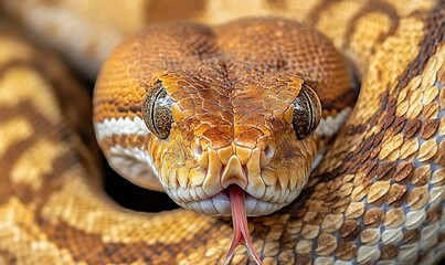 Fototapeta premium A close-up of a snake with vibrant scales and a flicking tongue.