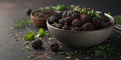 Shot of a bowl of juicy black berries on a dark black background with some chopped herbs and spices, bowl, , herbs