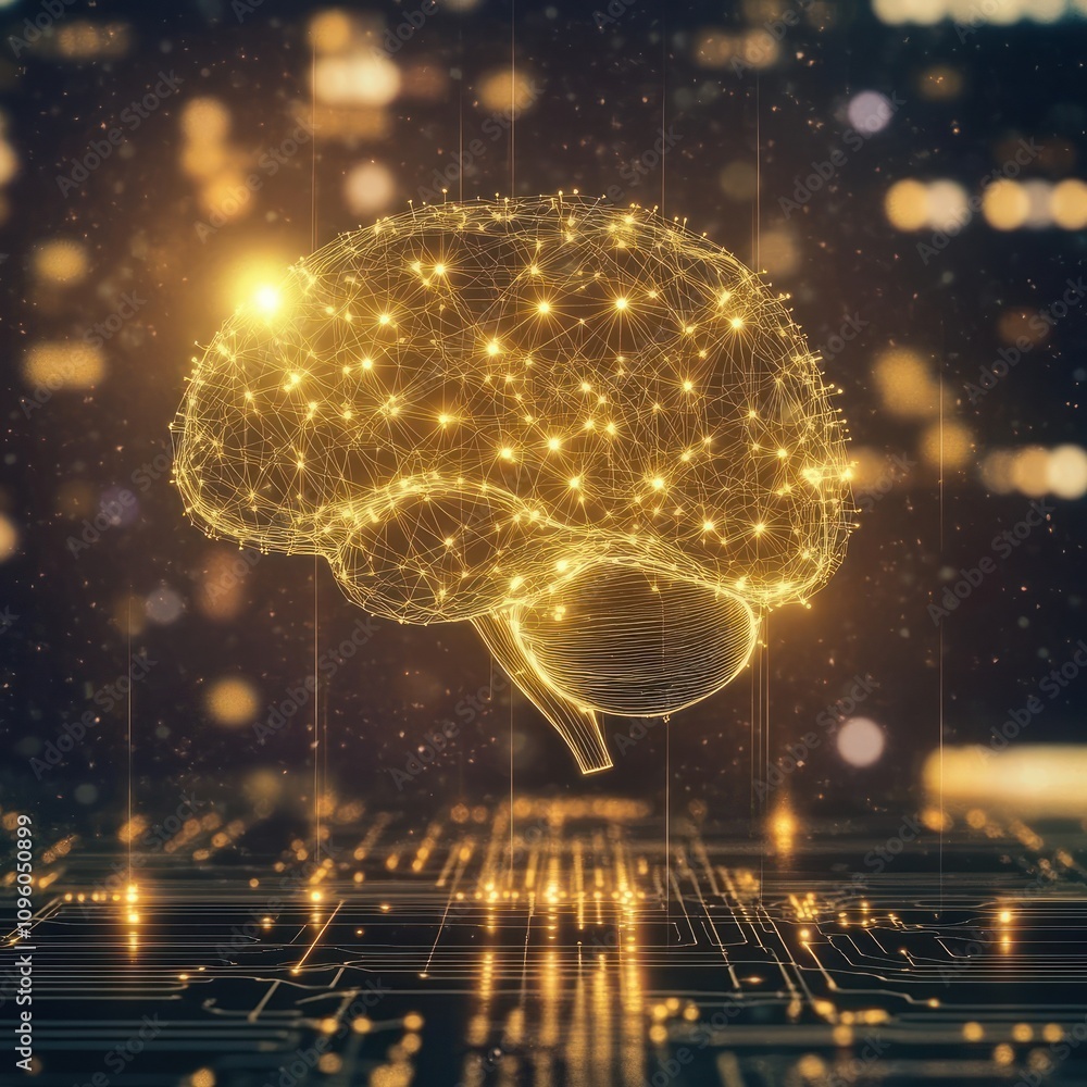Poster a glowing brain with neural networks suspended above a digital circuit board in a futuristic environ