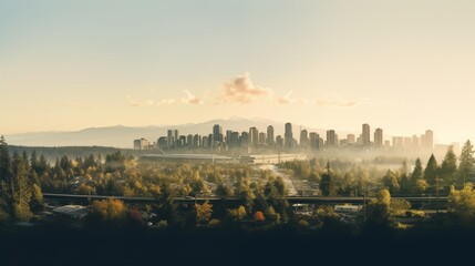 Naklejka premium a double exposure of a city skyline blending with a forest space on the left side Golden Hour Lighting,generative ai illustration
