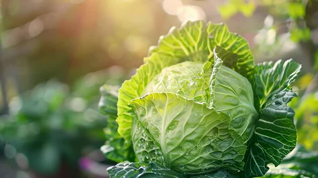 Fresh dewy cabbage basking in sunlight in a garden, symbolizing harvest and St Patrick's Day