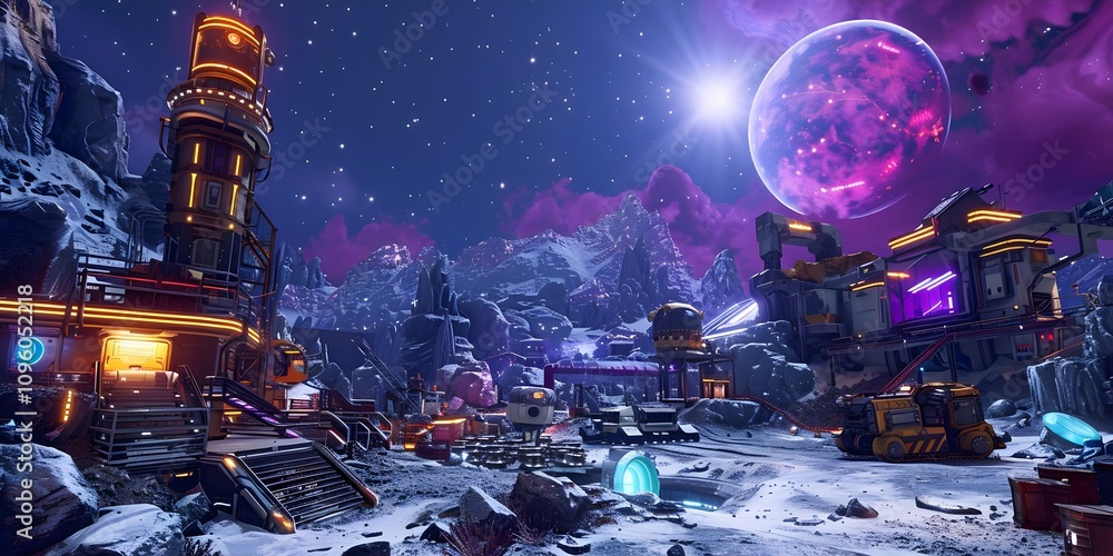 Poster a futuristic landscape featuring a snowy terrain with sci-fi structures and a vibrant celestial back