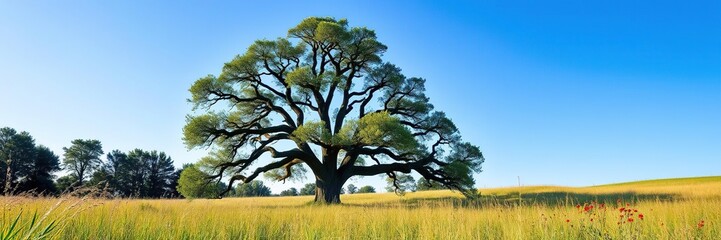 Fototapeta premium Single big oak tree in a field of tall grasses and wildflowers under a bright blue sky, tall grasses, wildflowers, field