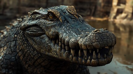 Fototapeta premium A close-up of a textured crocodile head near water, showcasing its sharp teeth and eyes.