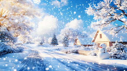 Naklejka premium Snowy winter wonderland with a snowman cozy cottage nature scenic view holiday spirit
