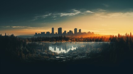 Naklejka premium a double exposure of a city skyline blending with a forest space on the left side Golden Hour Lighting,generative ai illustration