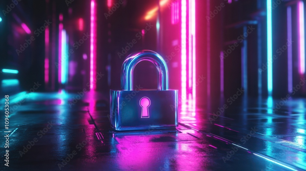 Poster abstract digital security concept with colorful neon lights and a metallic padlock representing cybe