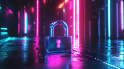 Abstract digital security concept with colorful neon lights and a metallic padlock representing cyber protection and data encryption.
