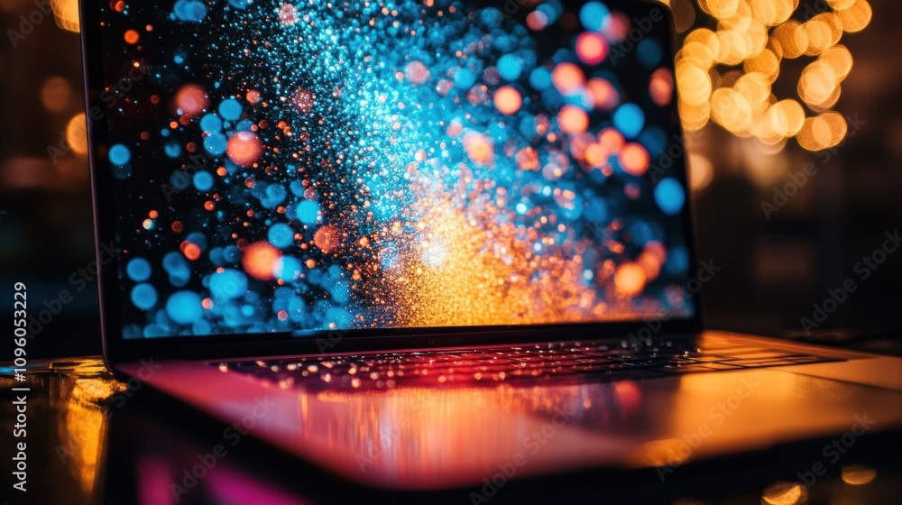Poster open laptop screen displaying abstract colorful bokeh light effects in a dark environment.