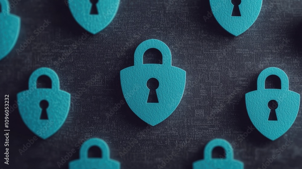 Poster multiple blue padlocks on a dark textured background symbolizing data protection and cybersecurity.