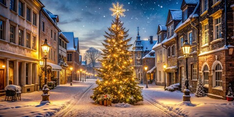 Obraz premium Snowy Village Christmas Illuminated Tree and Historic Architecture at Dusk