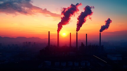 Industrial Landscape at Sunset: Smokestacks Emitting Steam into a Colorful Sky Over a Factory Complex with a Distant City Horizon and Mountain Silhouettes