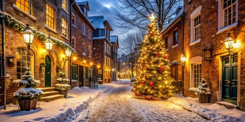 Fototapeta premium Snowy Street, Christmas Tree, Illuminated Village A Winter Scene