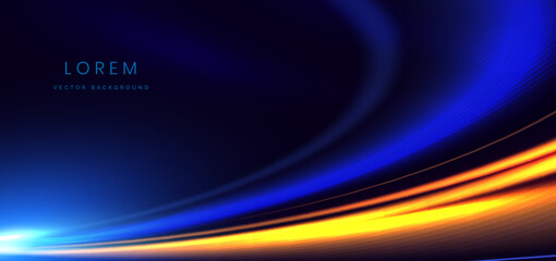 Abstract gold and blue glowing ray curved on dark background.