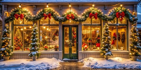 Obraz premium Snow-Covered Shopfront Festive Christmas Window Display with Garland, Lights, and Trees