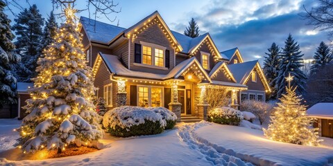 Snow-Covered Home, Festive Lights, Winter Wonderland Christmas Night Scene
