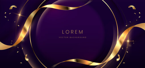 Luxury purple background. Golden confetti banner and ribbon background.