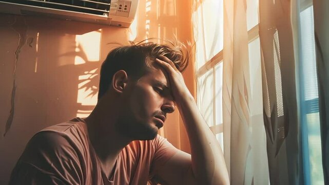 A Caucasian man appears stressed under sunlight indoors, evoking themes of heatwave and exhaustion