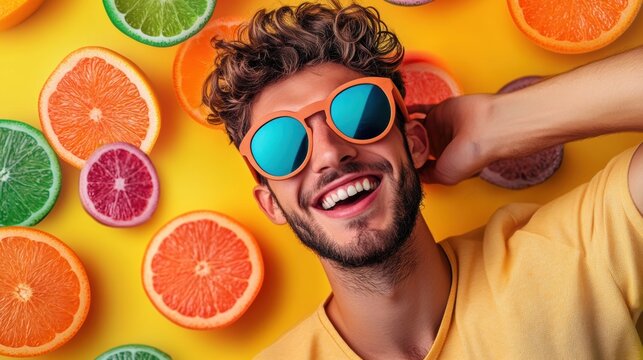 Smiling man in orange sunglasses with fresh citrus fruit slices on a vibrant yellow background.