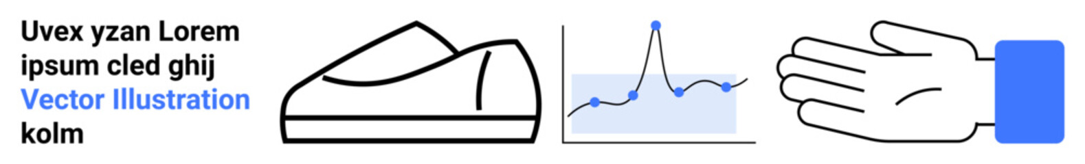 Shoe, line graph, hand with wristband, and text. Ideal for data analysis, sports trends, fitness tracking, minimalist design, business analytics, wearable technology, lifestyle. Landing page