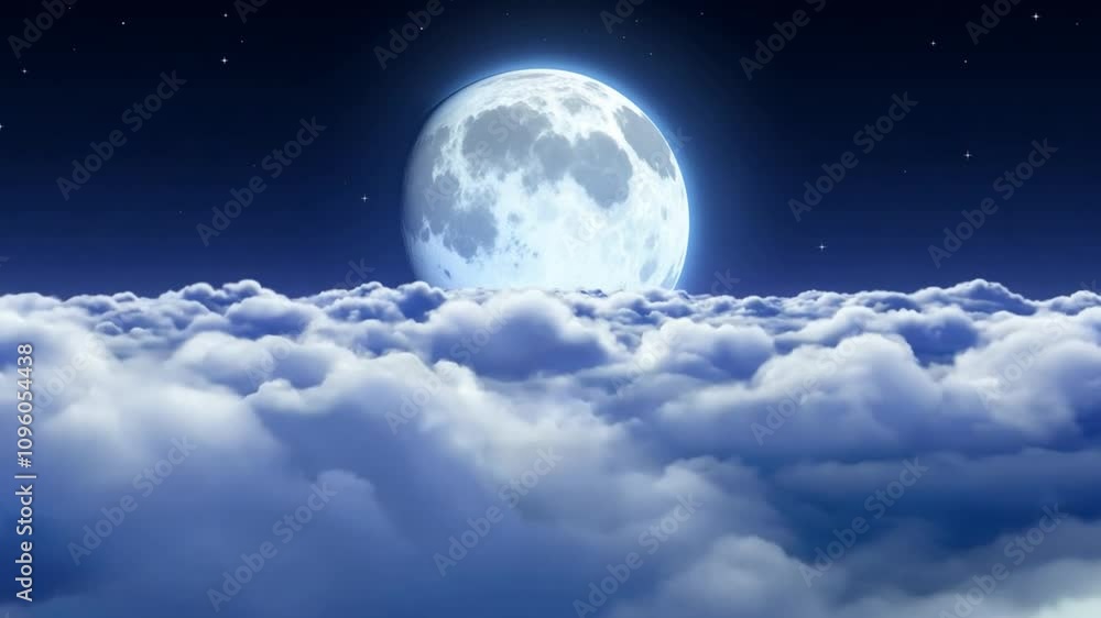Poster a bright full moon shines vividly in a starry sky, casting its light over a layer of soft clouds, cr