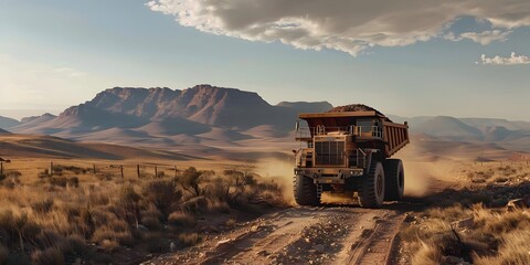Fototapeta premium A large dump truck driving on a dirt road in a mountainous desert landscape.