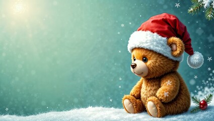 teddy bear in a santa hat on the christmas background