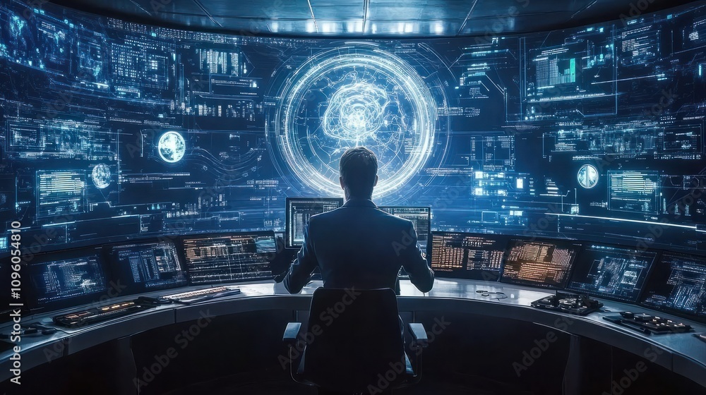 Poster ai expert in a futuristic control room: managing neural networks & making real-time decisions via ho