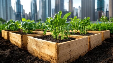 Urban rooftop garden with fresh green spinach growing in wooden boxes against a cityscape background.