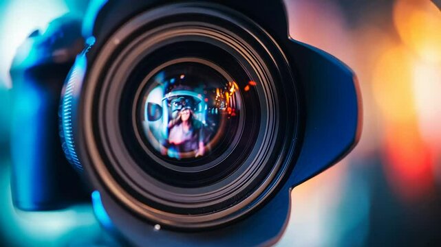 Close-up of a camera lens reflecting a blurry scene, symbolizing photography and creativity