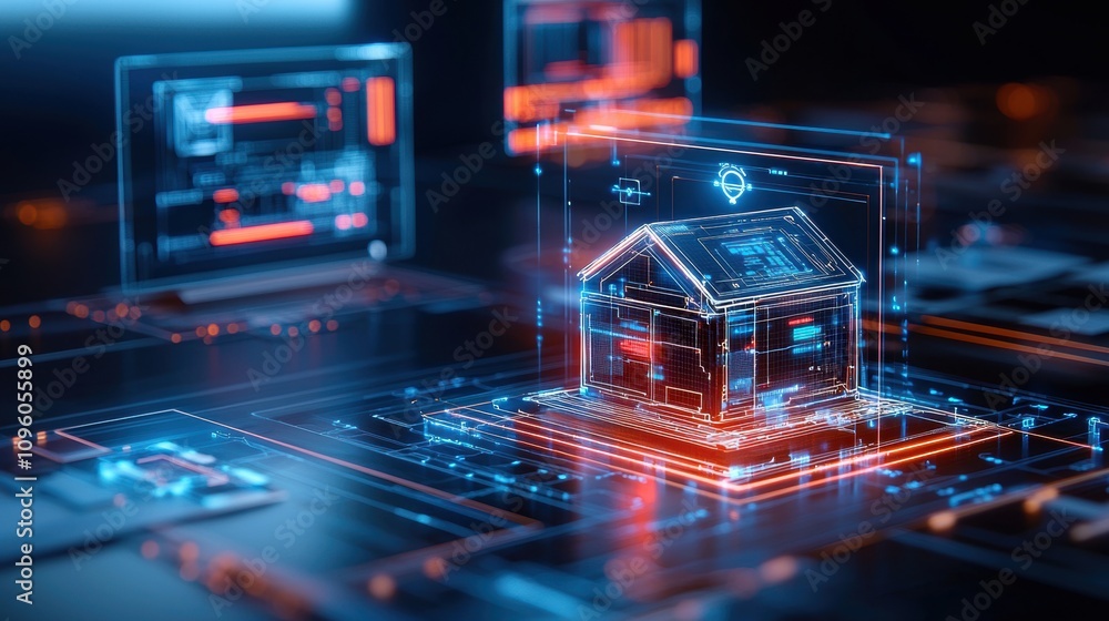 Poster digital house hologram with futuristic interface screens on a dark background. smart home technology