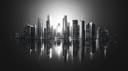 black and white cityscape of a futuristic city with sleek modern