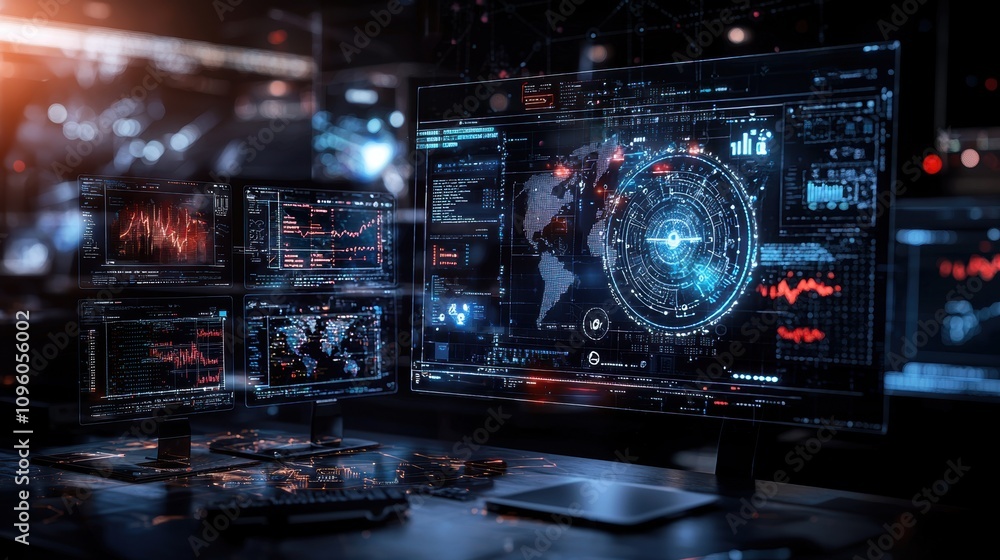 Poster multiple screens with global data visualizations and digital charts in a control room.