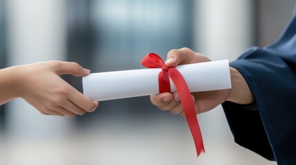 Close-up of a diploma wrapped with a red ribbon being handed from a person in a graduation gown to a student, symbolizing achievement.