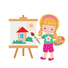 Cute little artist girl  vector cartoon  illustration