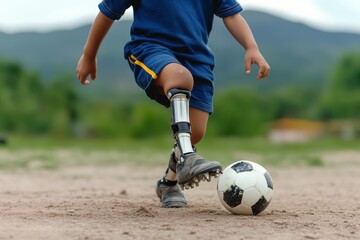 A determined young boy with a prosthetic leg kicking a soccer ball on a dirt field, showing courage and resilience.