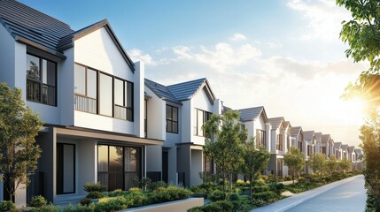 Modern Suburban Row of Houses with Sunny Sky and Green Landscaping