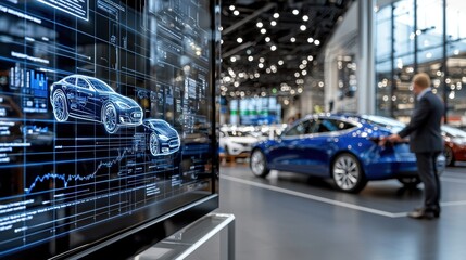 Digital blueprint of electric cars on large interactive screen in modern automotive showroom.