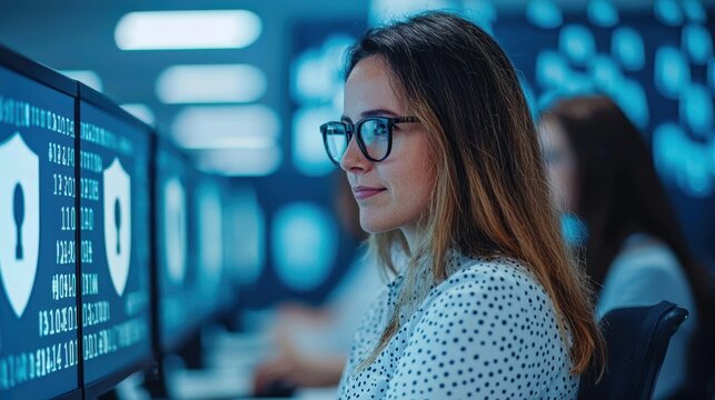Female cybersecurity professional in office environment working on computer.