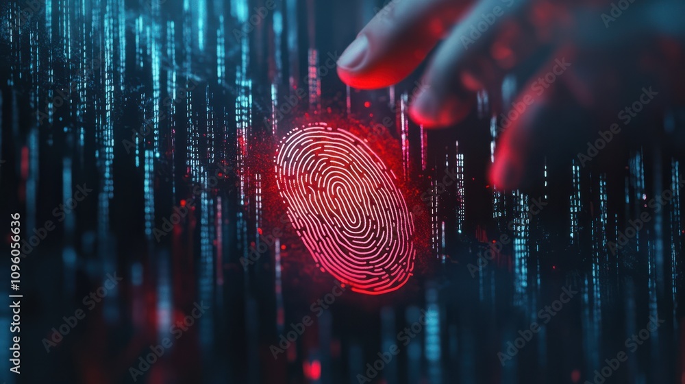 Poster businessman and fingerprint scanning unlock and access to business data network. cloud. biometric id