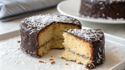 A single lamington cake with a chocolate coating and shredded coconut, revealing its moist golden sponge interior, perfect for a sweet treat.