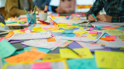 Low angle view capturing a dynamic brainstorming session with a table covered in colorful sticky notes