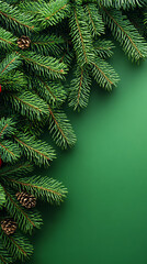 Lush green pine branches create a tranquil and refreshing backdrop, ideal for holiday designs, Christmas cards, and nature-themed projects.