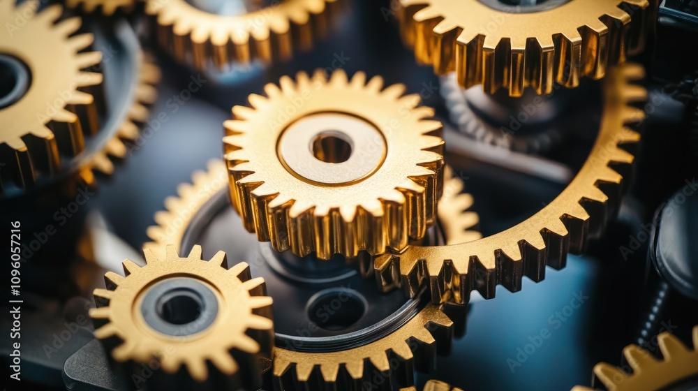 Poster close-up of golden gears turning on an industrial machine, symbolizing the power and complexity behi