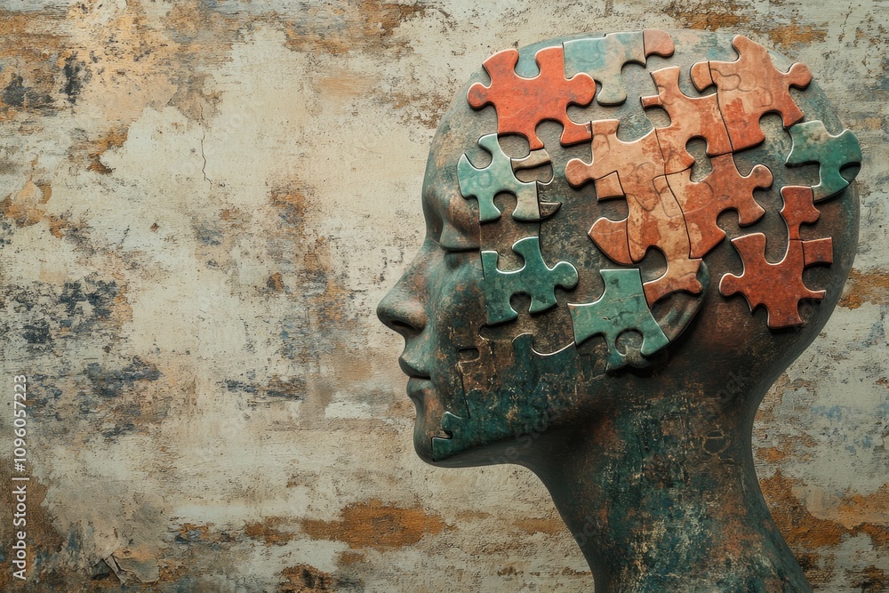Poster a striking sculpture depicts a head filled with colorful puzzle pieces, symbolizing the complexity o