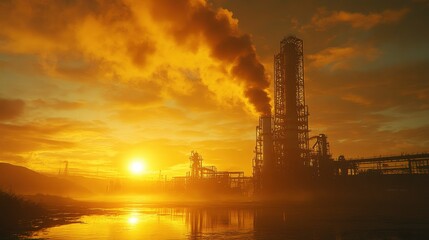 Industrial landscape at sunset with smokestacks and reflections in water.